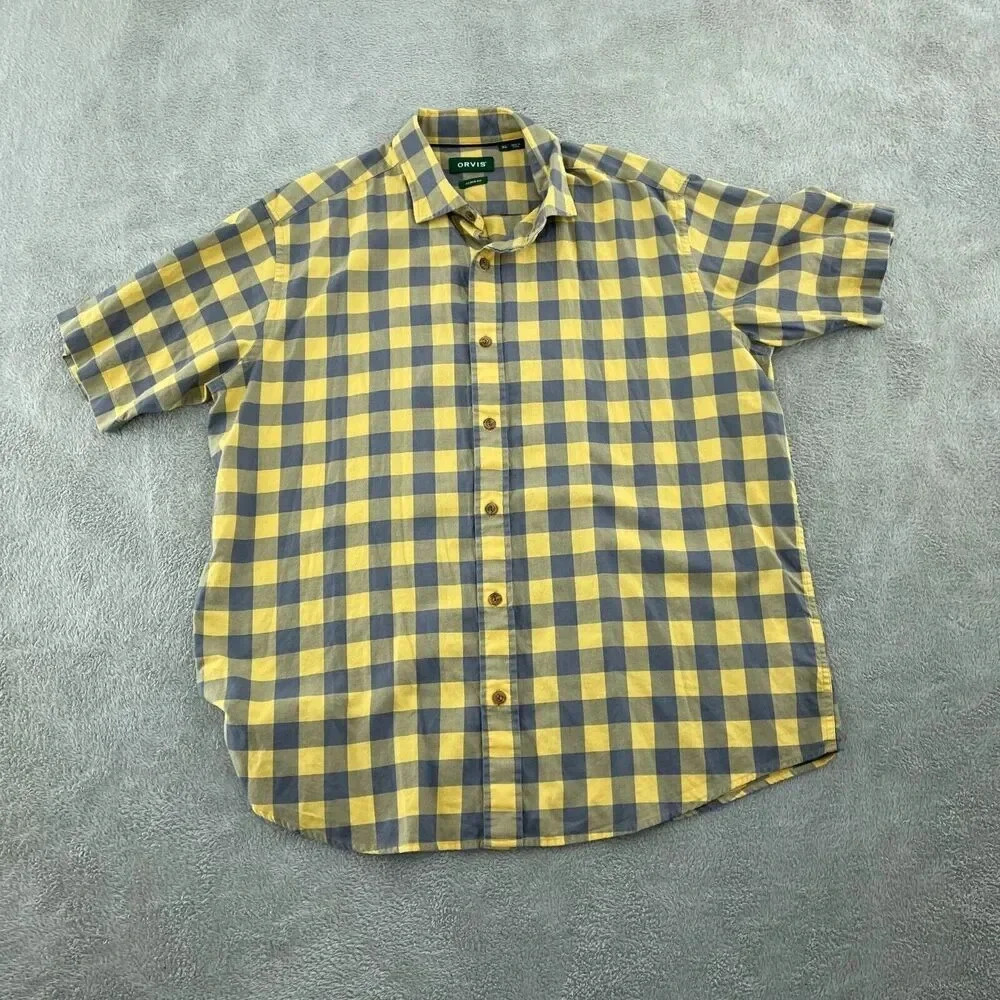 Orvis Mens Yellow & Gray Plaid Short Sleeve Shirt XL Active Fit 4501